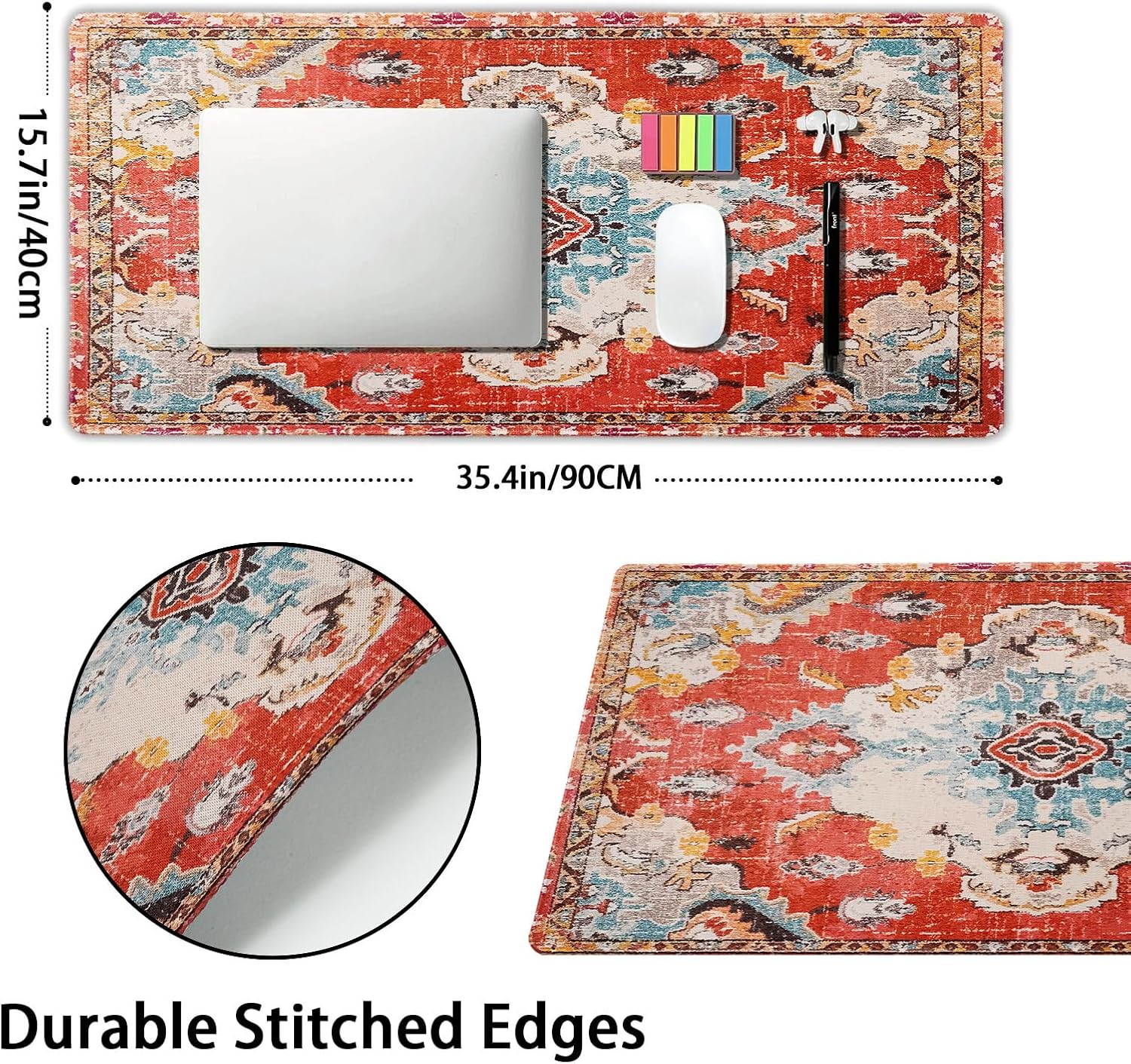 Vintage Rug Mouse Pad XXL Red Orange Retro Carpet Aesthetic Extended Table Mat 90X40 cm Non-Slip Rubber Base Stitched Edge Large Mousepad for Gaming Laptop Computer Desk Top 35.4×15.7 Inch