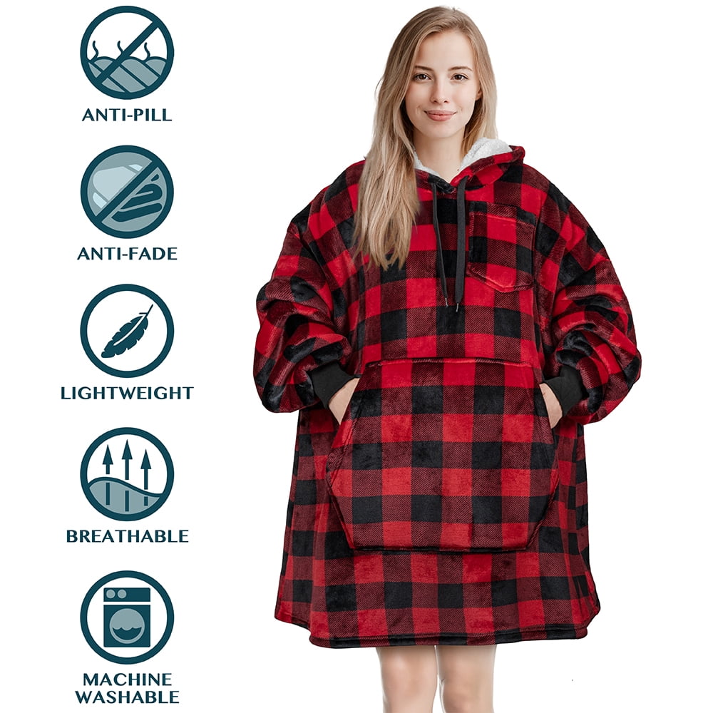 PAVILIA Blanket Hoodie for Women Red, Sherpa Wearable Blanket Men, Cozy Oversized Sweatshirt Blanket, Warm Fleece Hooded Blanket Sweater with Sleeves and Giant Pocket, Checker Red