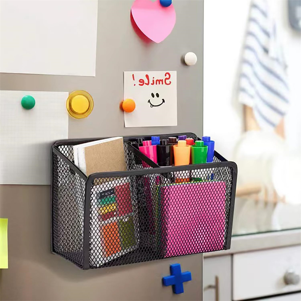 HYG Mesh Metal Magnetic Marker Holder Black Pencil Cup Locker Organizer Accessories Large Metal Pencil Storage Basket for Refrigerator Whiteboard Blackboard 2 Pack
