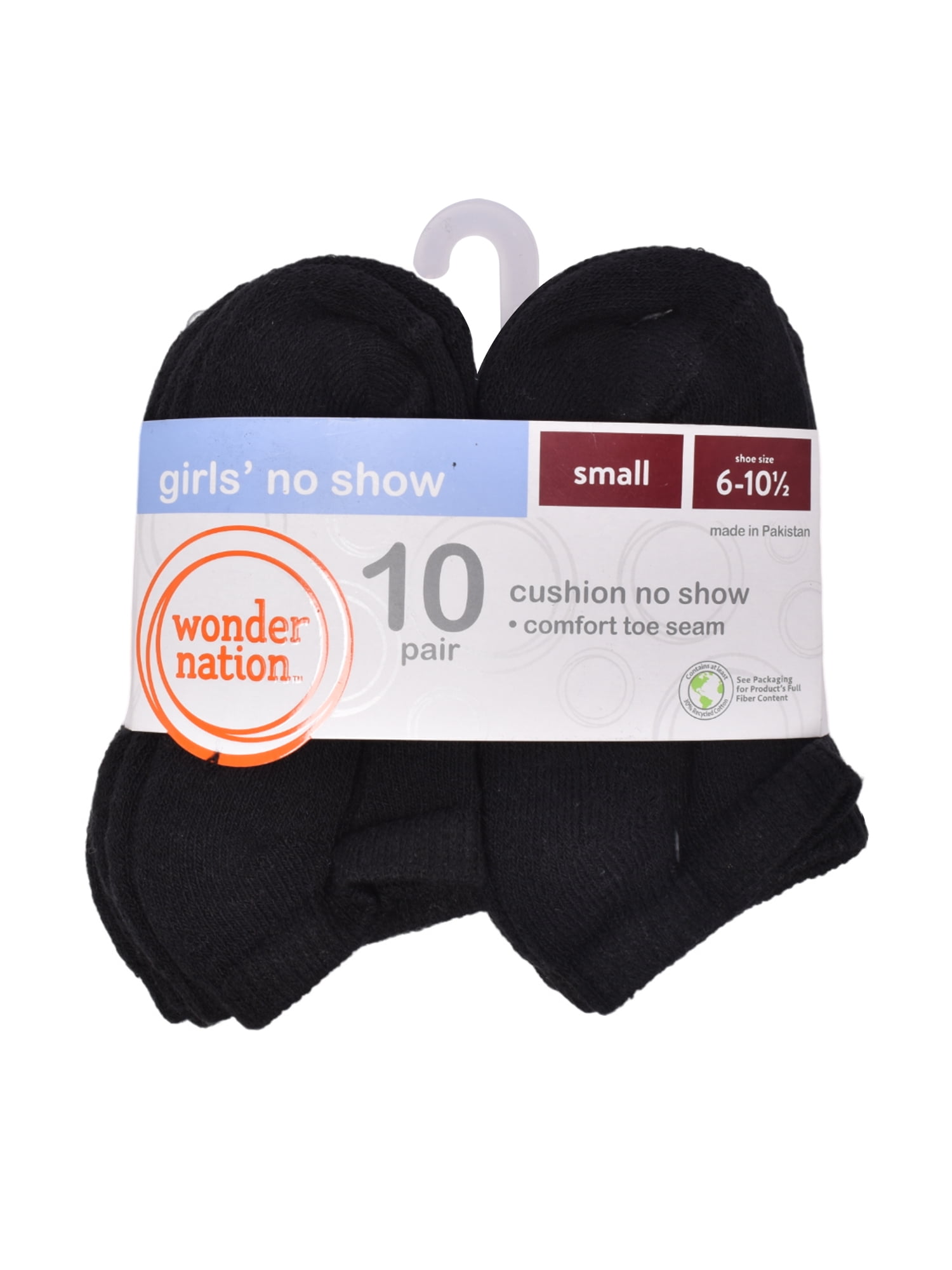 Wonder Nation Girls Cushioned No Show Socks, 10-Pack, Sizes S (6-10.5) - L (4-10)