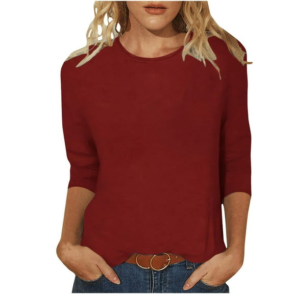 Charella 3/4 Sleeve Tops for Women Solid Color Crew Neck Tunic T-Shirts Basic Tees Loose Fit Blouses (XL, Wine)