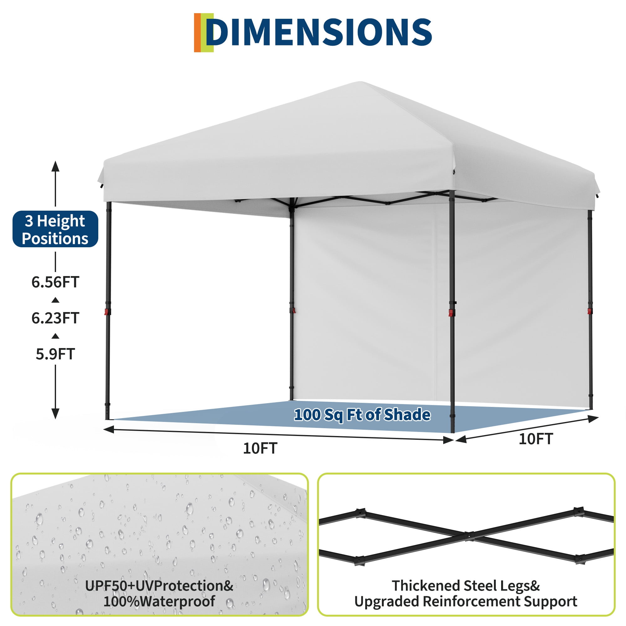 Heavy Duty Pop Up Canopy Tent 10x10 FT, Waterproof & UV-Resistant Outdoor Shelter,1 Removable Sidewall, One-Person Easy Setup, Adjustable Height Roller Bag & 4 Weight Bags Garden, Beach, Picnic,White