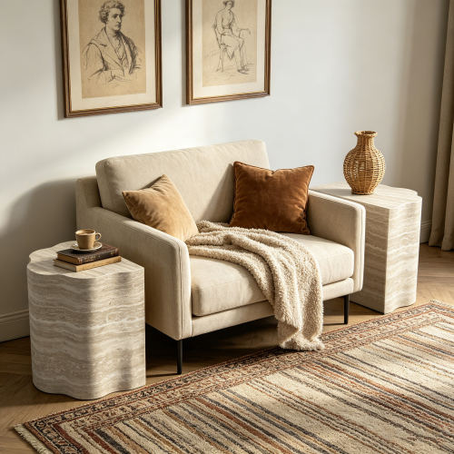 Round Nesting Coffee Table, Wood Side End Tables with Pet Bed Design, Modern Minimalist Accent Tables for Living Room Bedroom Office Balcony, Beige