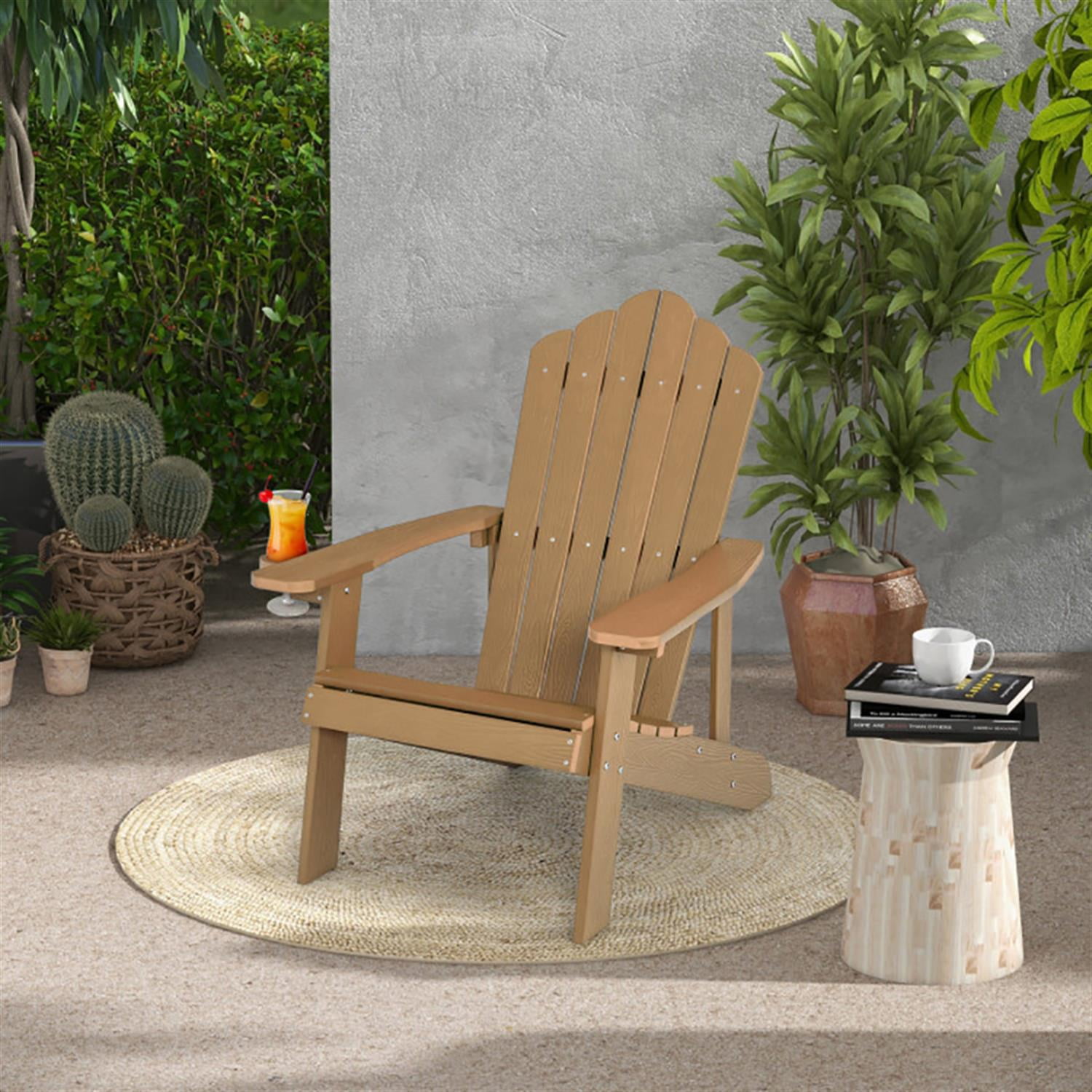 Spaco Outdoor Patio Weather Resistant HIPS Adirondack Chair with Cup Holder for Garden, Balcony, Poolside, Brown