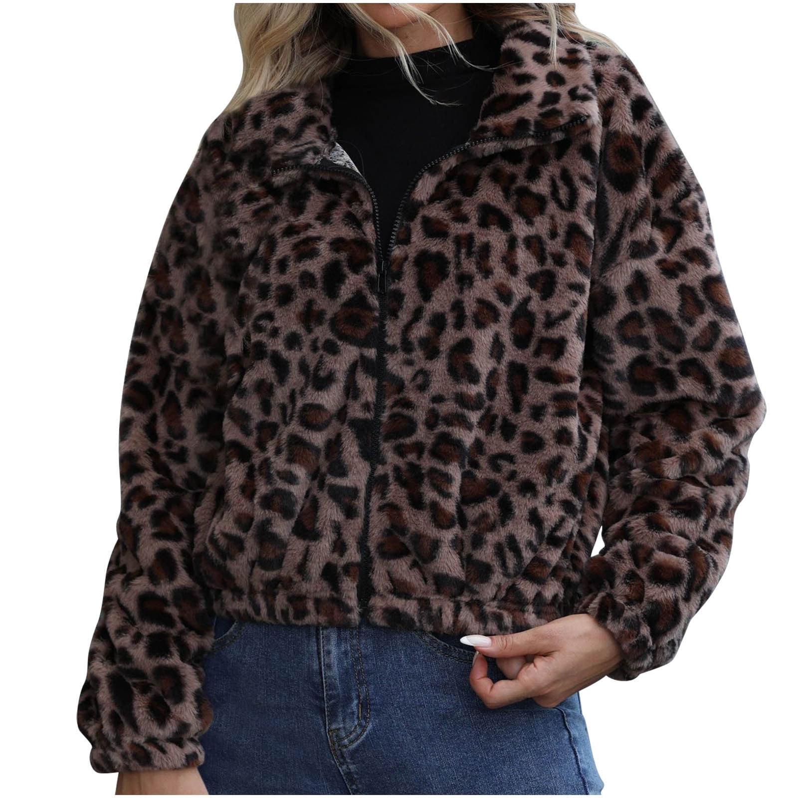 Zpanxa Women's Leopard Print Sherpa Jacket Cozy Fleece Lined Short
