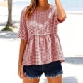 thumbnail image 2 of ClodeEU Women's Plaid Round Neck Short Sleeve Babydoll Blouse,Casual Summer Peplum Top Red,Women's Plus L, 2 of 9