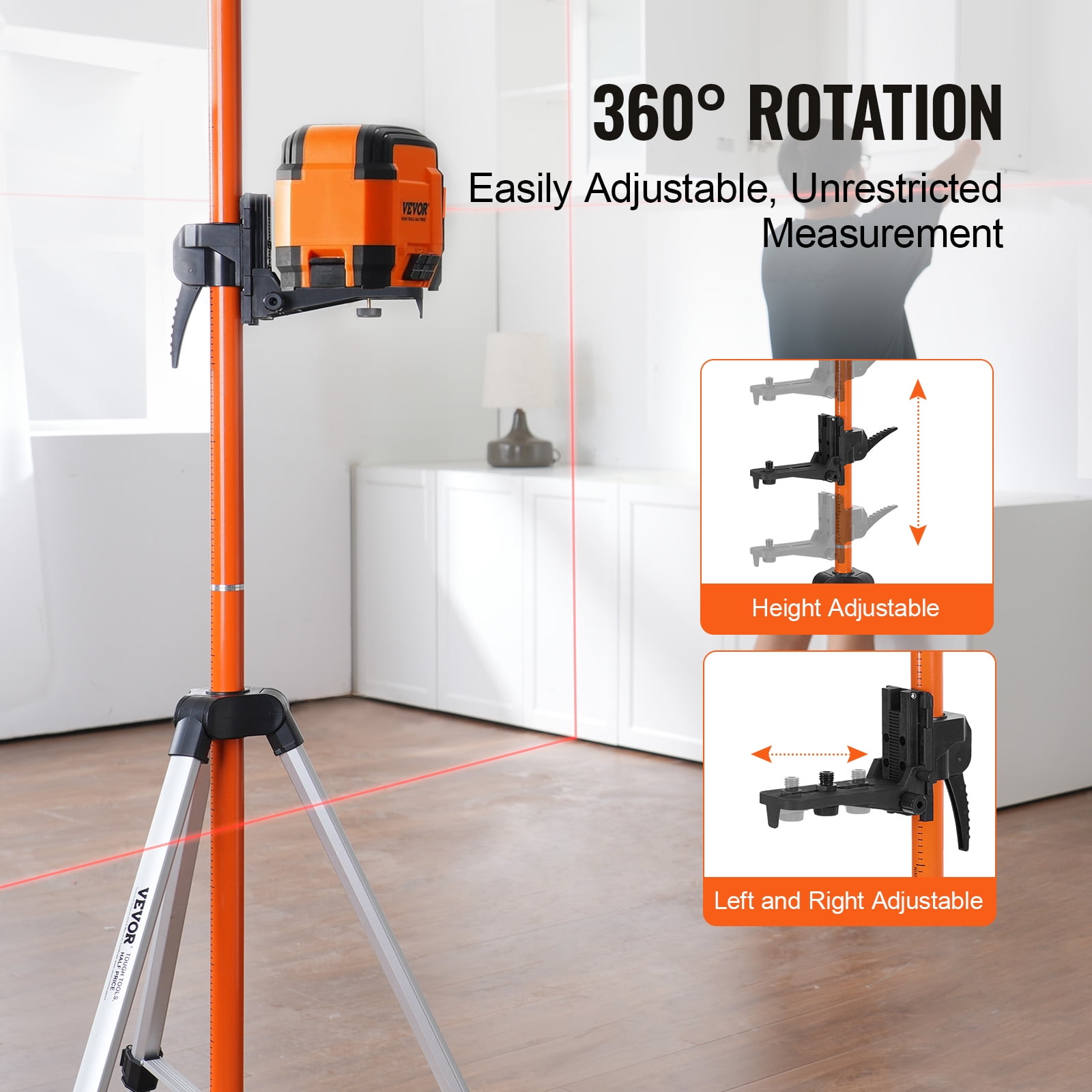 VEVOR Laser Level Tripod, 1/4"-20 & 5/8"-11 Thread Mount, 40.94-133.85 inch Height Adjustment with Level Bubble & Heavy-duty Stand, Extendable Pole Lightweight Aluminum Tripod for Laser Scanner