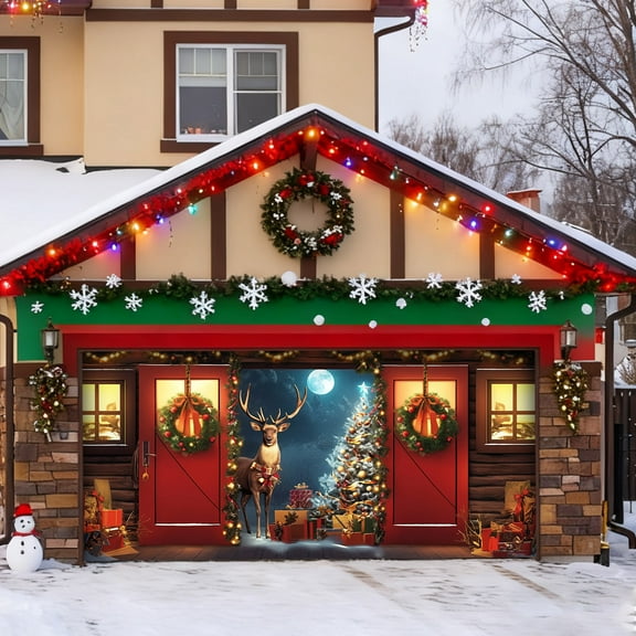 7x16 ft Christmas Banner Cover, Garage Door Christmas Cover Winter Snow Scene Outdoor Large Garage Door Decors Xmas Candyland Village Backdrop for Wall House Holiday Party Decor