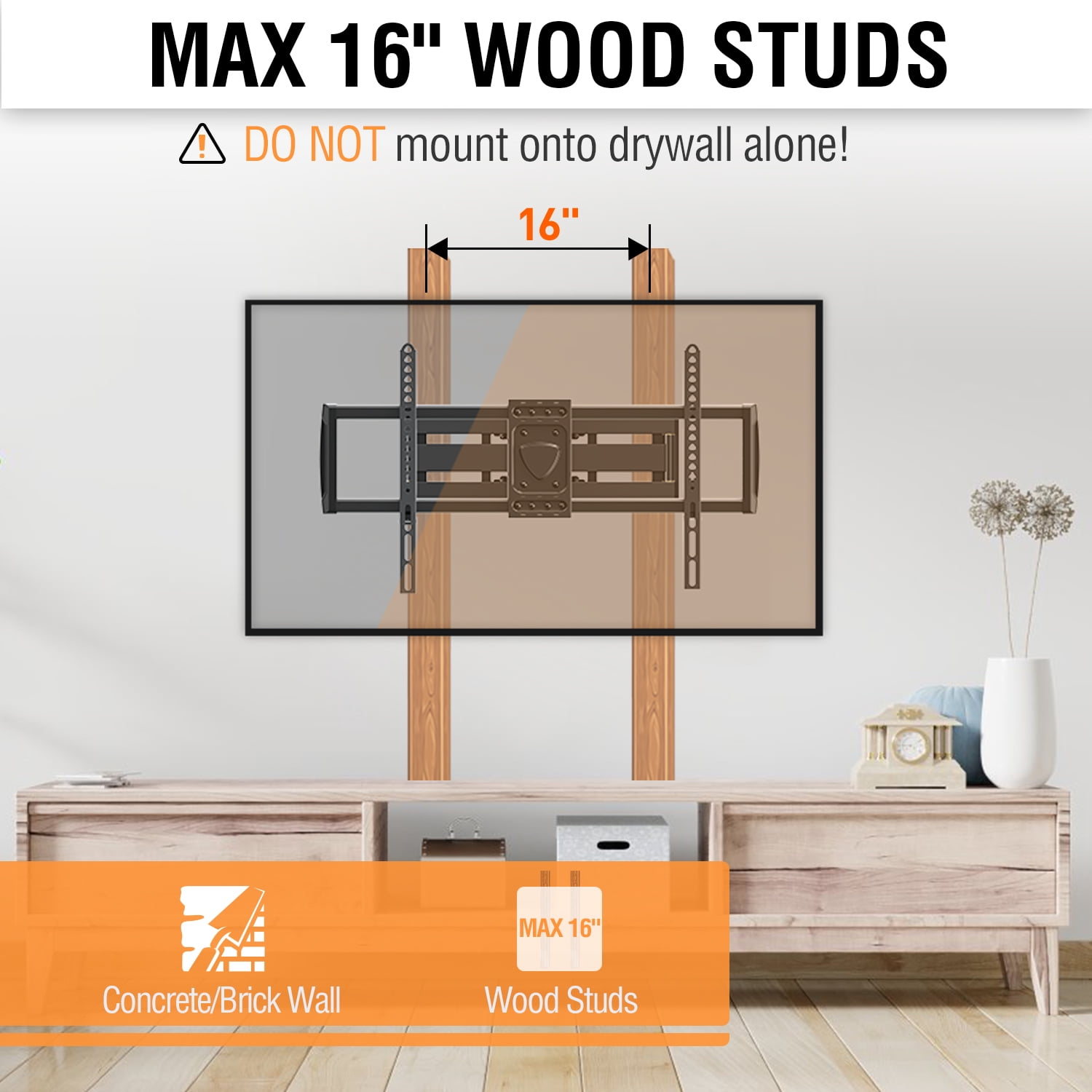 MOUNT PRO Full Motion TV Wall Mount for 42''-75'' TVs up to 16'' Wood Stud
