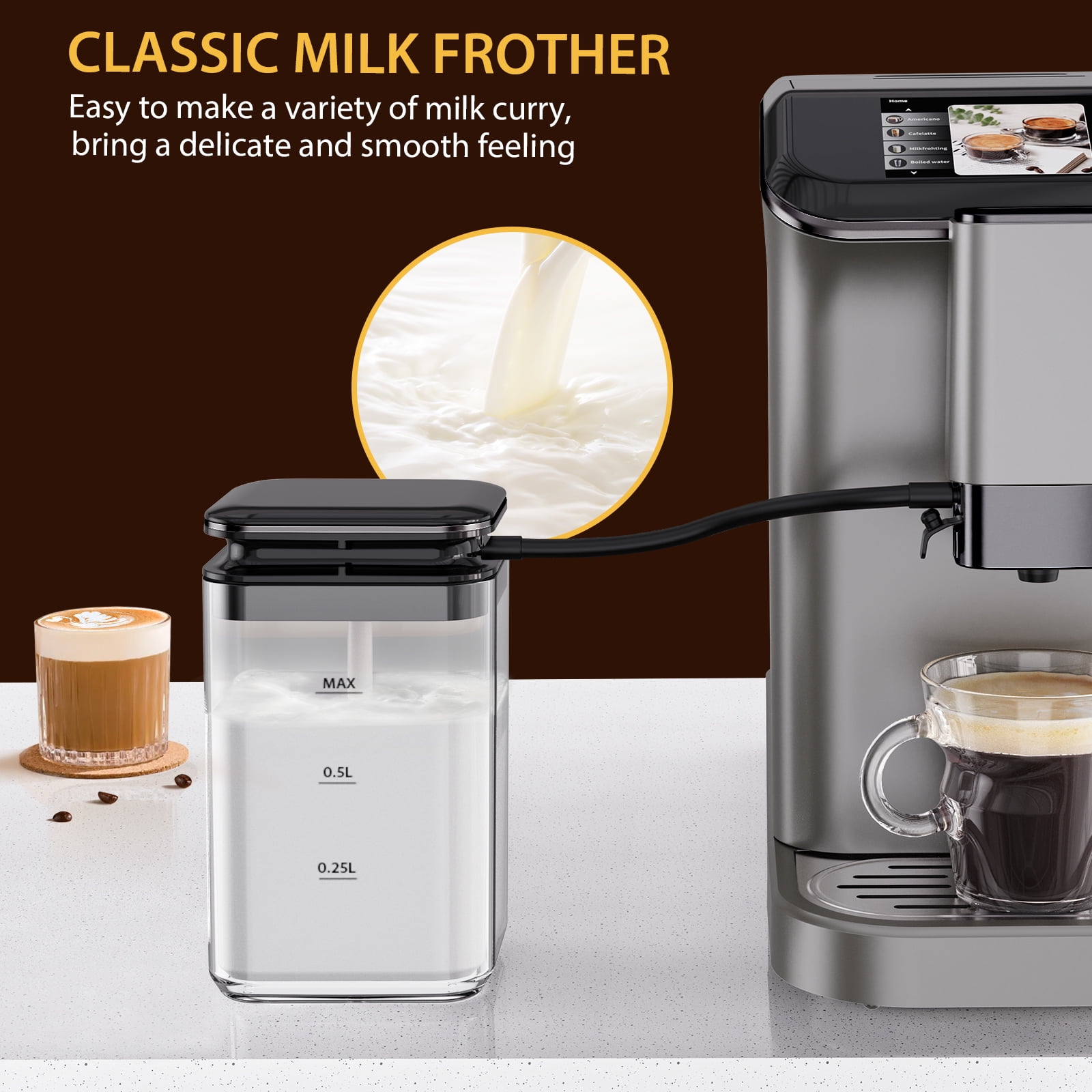 Ataucjin Fully Automatic Espresso Machine with Milk Frother, 4-in-1 Coffee Maker with Built-In Conical Burr Grinder & Touch Display, for Espresso, Cappuccino & Latte