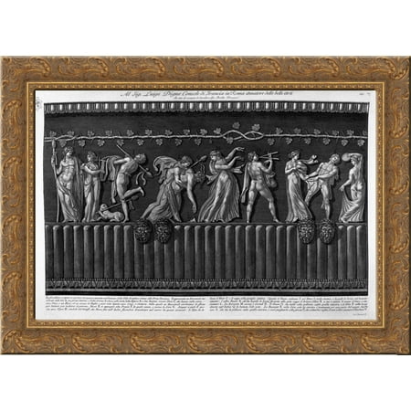 Hand Carved Marble Top - Bas relief carved in a marble vase in the existing Palace of Villa Borghese, representing a bacchanal 24x20 Gold Ornate Wood Framed Canvas Art by Piranesi, Giovanni Battista