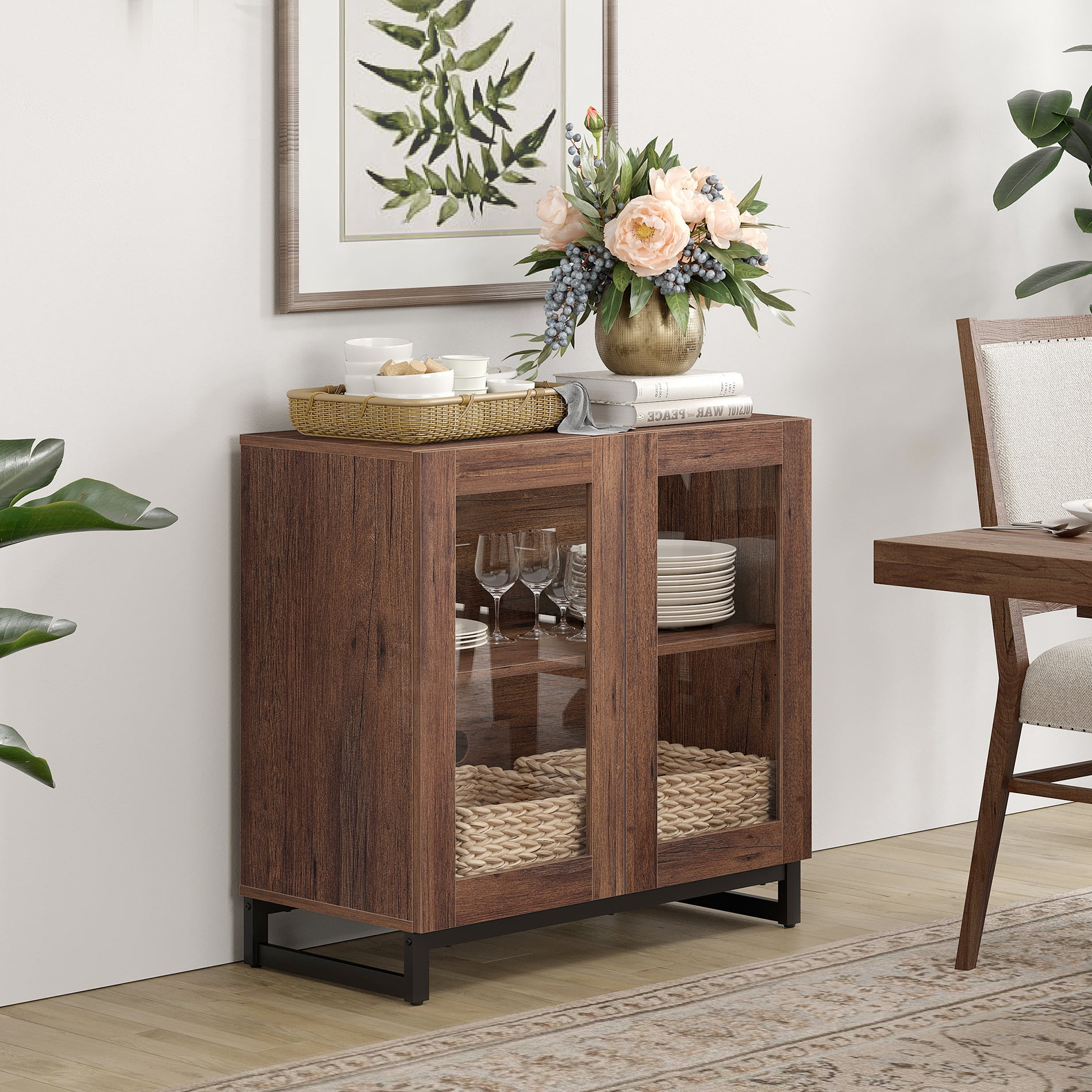 WAMPAT 3-in-1 Multifunctional Modern Sideboard Buffet with Glass Doors and Drawers, Adjustable Shelf & Metal Base for Coffee Bar & Storage Credenza