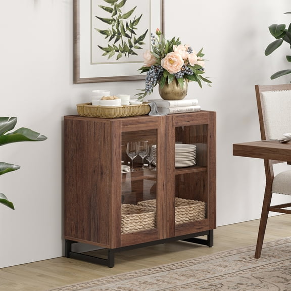 WAMPAT Modern Sideboard Buffet Cabinet with Glass Doors and Adjustable Shelf Coffee Bar Storage Cabinet for Living Room Kitchen,Brown