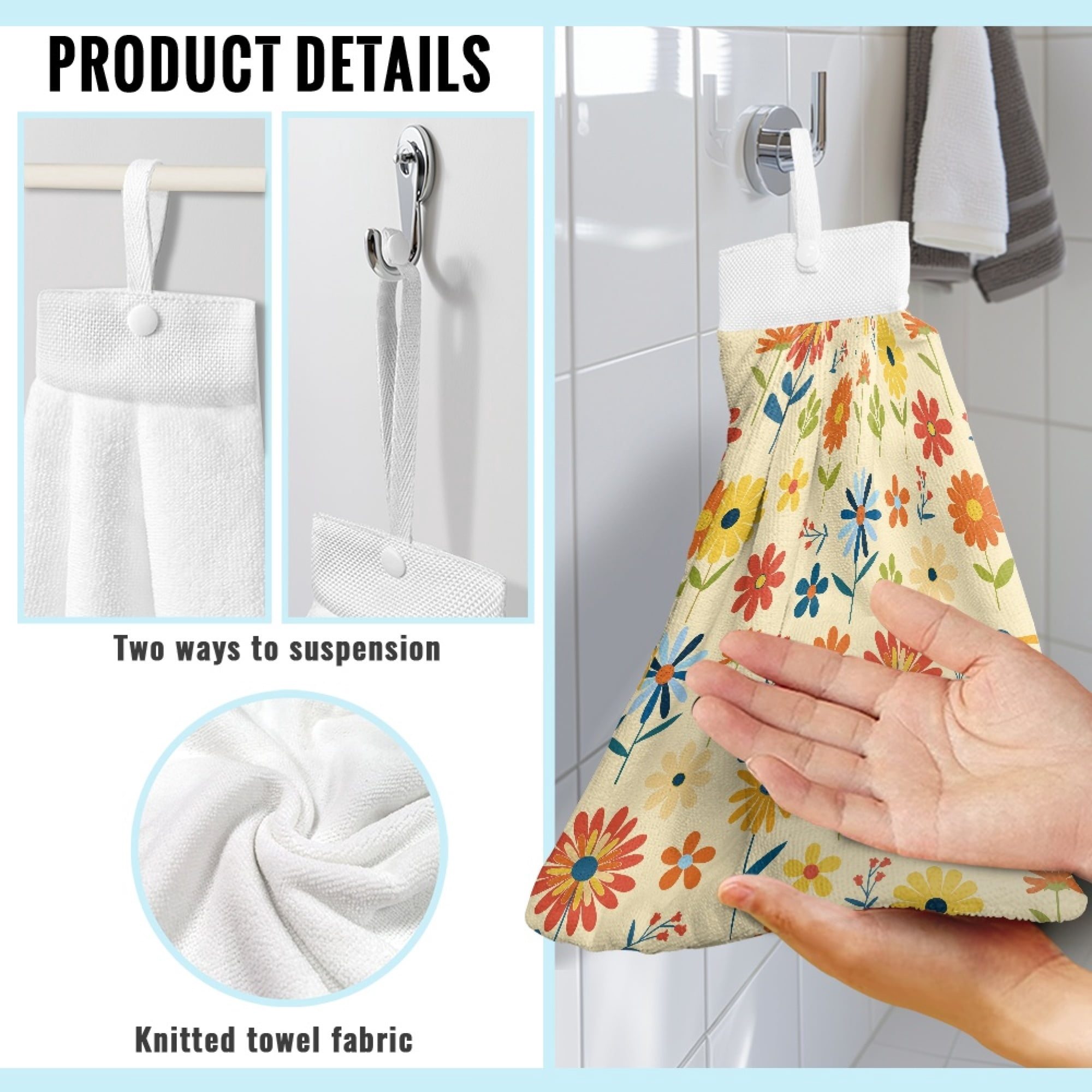 SEANATIVE Flowers Hand Towels with Hanging Loops Absorbent Hand Tie Towel Fast Drying Hand Towels for Wiping Hands Machine Washable Hang Towel for Home Bathroom Kitchen Decor 3 Piece