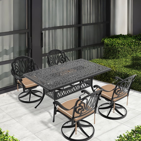 5-Piece Aluminum Set - Rectangular Table with Umbrella Hole - Outdoor Garden Meal / Create a Shady Dining Environment