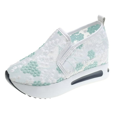 QYZEU Women s Platform Sneakers Women Casual Summer Shoes Ladies Fashion Breathable Lace Mesh Flower Embroidery Round Head Thick Bottom Comfortable Shoes Green 44