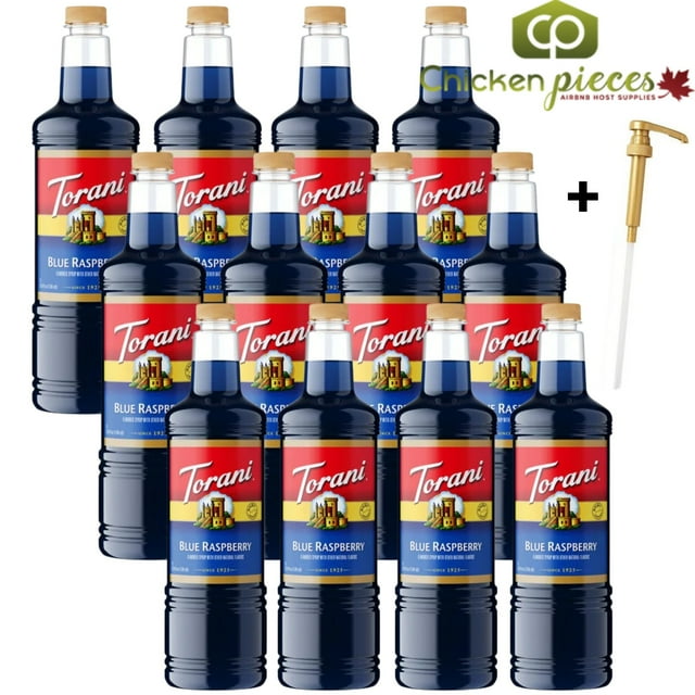Torani Blue Raspberry Flavoring Syrup, Electric Tart Berry Profile, Shatter-Resistant 1L Plastic Bottle + Bonus Squeeze Pump