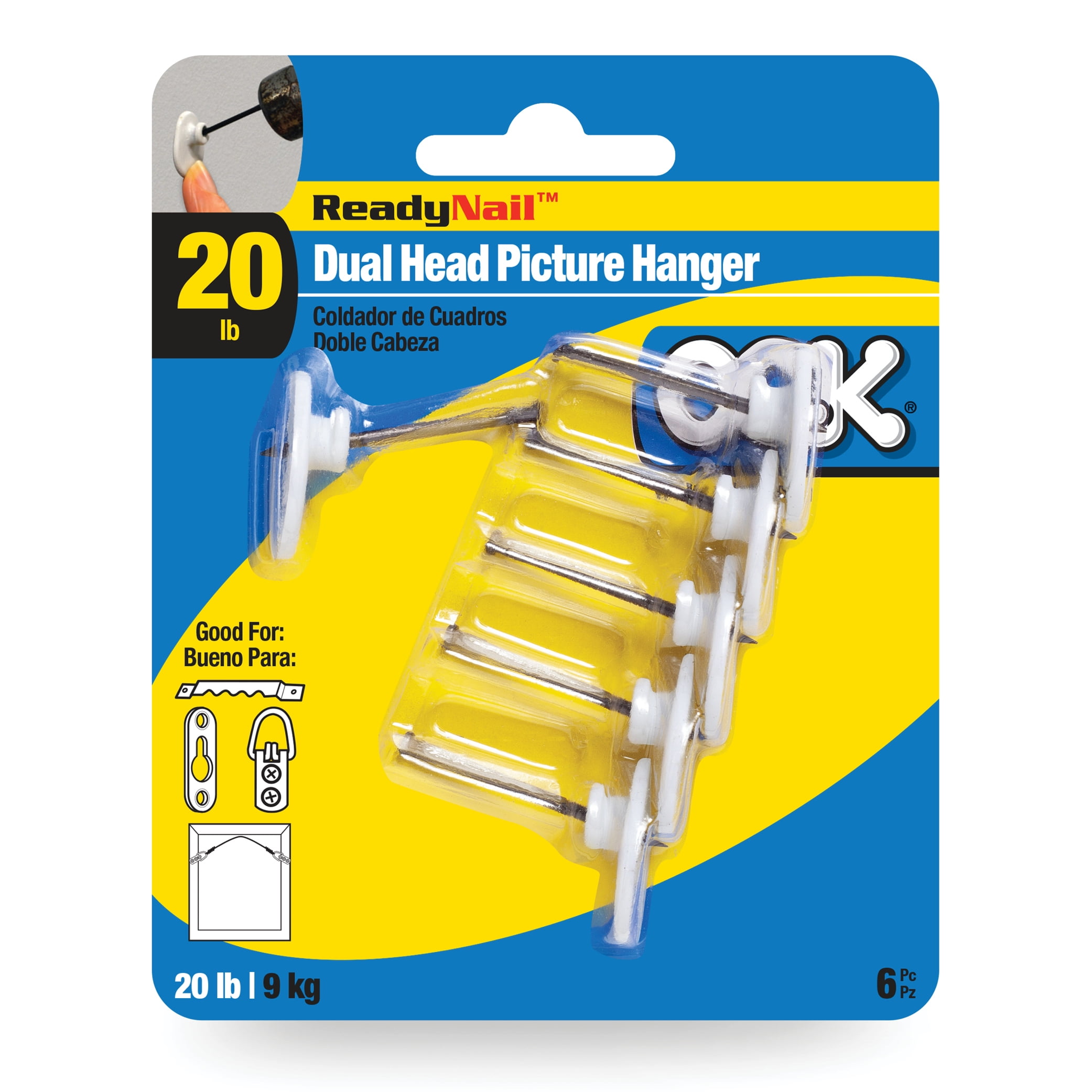 (2 pack) OOK ReadyNail Dual Head Picture Hanger, Steel (20lb) 6 Piece