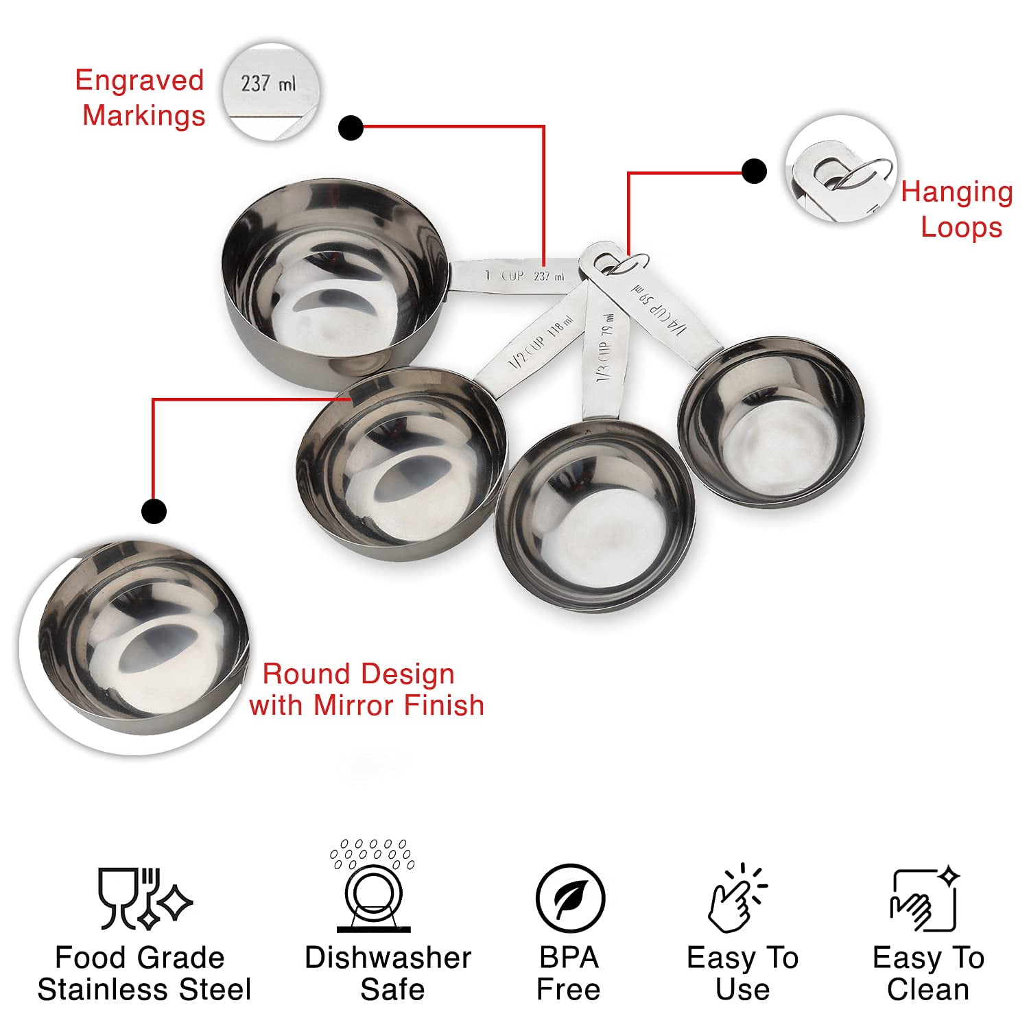 diollo Stainless Steel Measuring Cup, Oval Shaped - Matt Finish, Set of 3  (1/2, 1/4 & 1/8 Cup) 