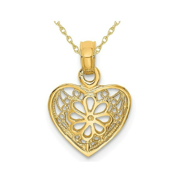 14K Yellow Gold Filigree Heart Pendant Necklace with Chain
