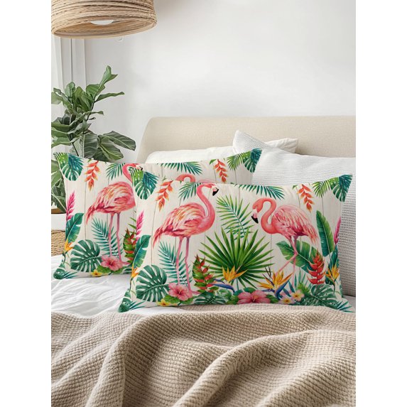 Outdoor Pillows Waterproof, Pink Flamingos Bedding Throw Pillows with Insert for Couch Sofa Bed, Wooden Summer Botanical Wooden Leaves 12x20 Inch Pillowcases Decorative Camping Patio Pillow Set of 1