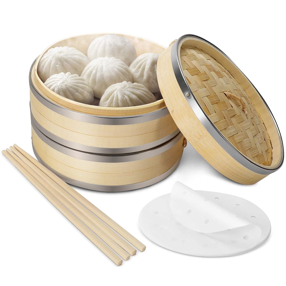 AIHOME 8inch Bamboo Steamer Basket Set with Stainless Steel Banding 50 Steamer Liners and 2