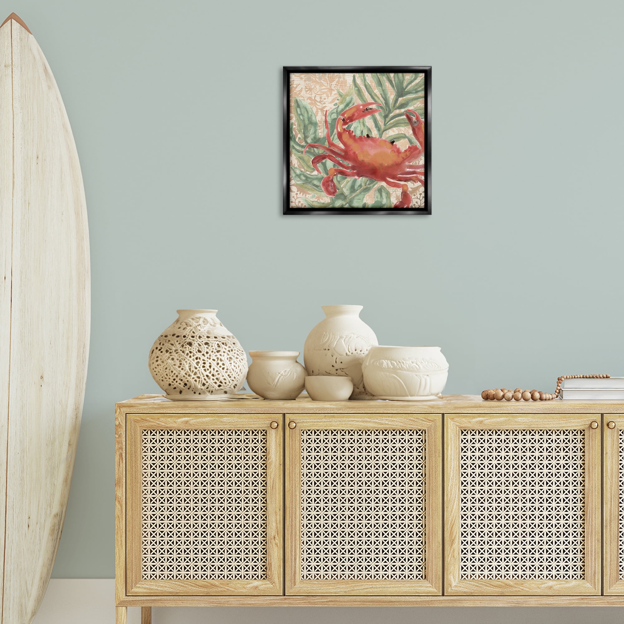 Stupell Industries Crab on Palm Leaves Animals & Insects Painting Black Floater Framed Canvas Art Print Wall Art, 18 x 18