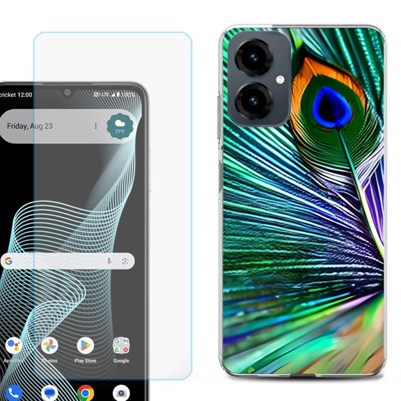 Shockproof Phone Case for Cricket Icon 2026, with Screen Protector, by OneToughShield - Peacock Feather