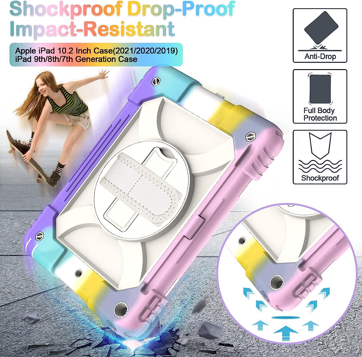 SUPNICE iPad 9th/8th/7th Generation Case, iPad 10.2 Case,Shockproof 360 Rotating Stand Hand Strap Pencil Holder Kids Case for iPad 10.2 inch 2021/2020/2019 - Rainbow