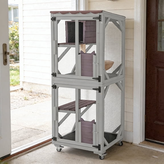 Aivituvin Cat Catio Outdoor Cat House Movable Large Enclosures on Exercise Wheels Kitty Cage with Upgraded Resting Box,Waterproof Cover