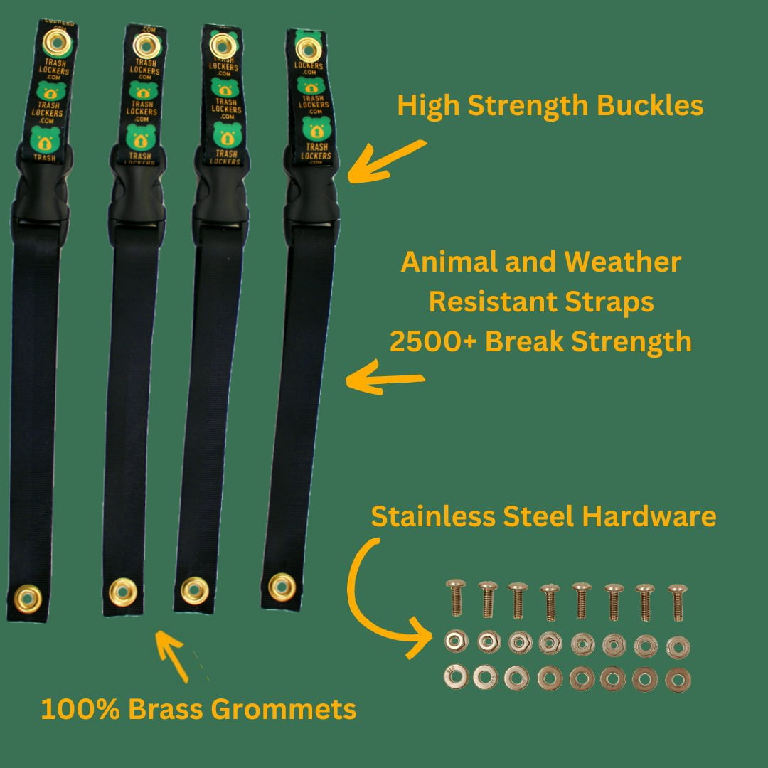 Ultimate Black Bear Trash Lock, Four Strap.  Certified Black Bear Resistant, Animal Proof existing Trash cans. Also Works for Wind, Squirrels, Raccoon, Opossum, and Other varmints/Critters