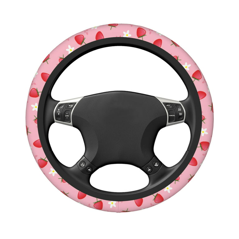 DouZhe Pink Strawberries Flowers Prints Steering Wheel Cover, Universal 15  inch Anti-Slip Odorless Elastic Cartoon Car Steering Wheels Cover for Women  Men 