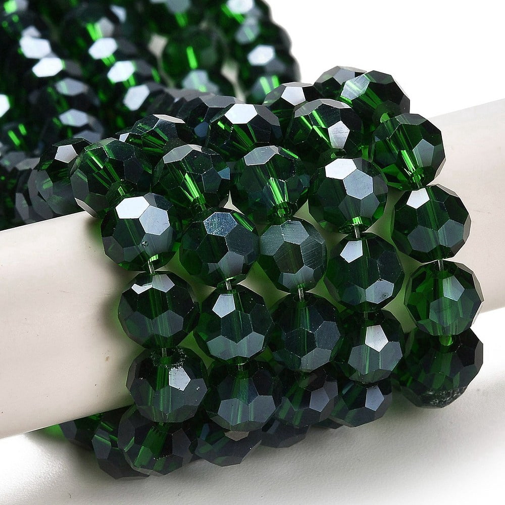 10Strand Electroplate Pearl Luster Plated Faceted(32 Facets) Glass Bead Strands Round Dark Green 8x7mm