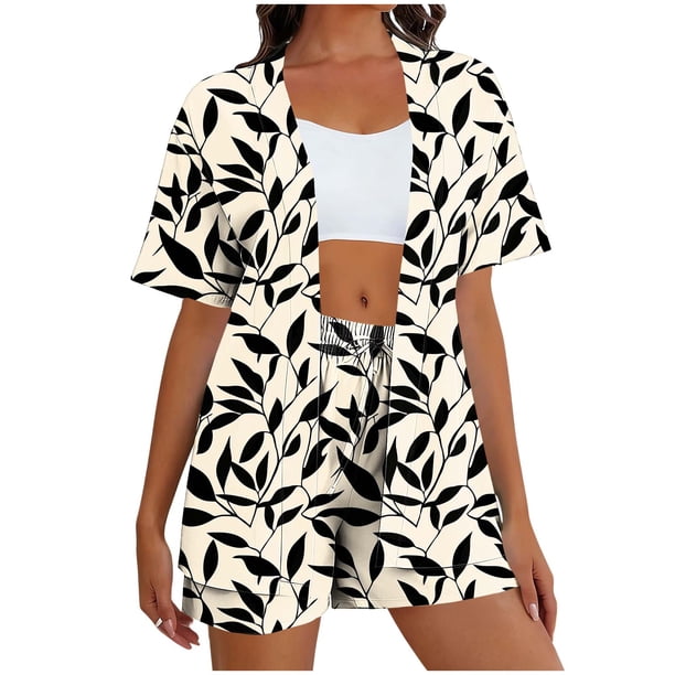 Mujeres largo cardigan con bolsillos no posicionamiento impreso de manga corta y pantalones de conjunto, sudadera y pantalones de conjunto para las mujeres salón