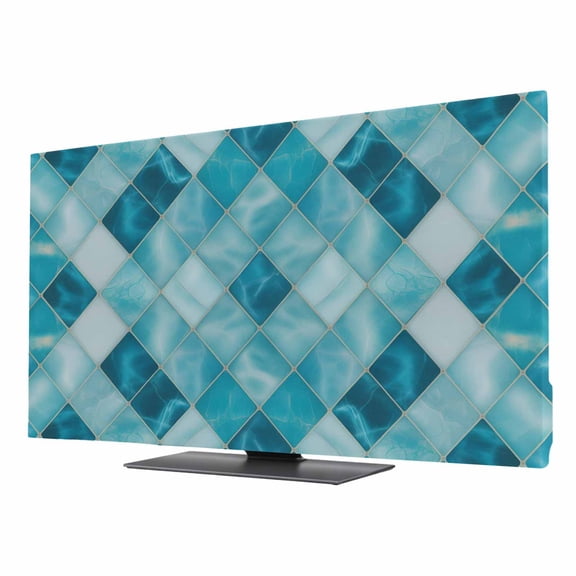 Indoor TV Cover 75 Inch, Blue Geometric Elastic Monitor Dust Covers for Television, Desktop Computer Modern Diamond Texture Ombre Lines Dustproof Fitted TV Cover for Inside 65.4"L x 36.8"H