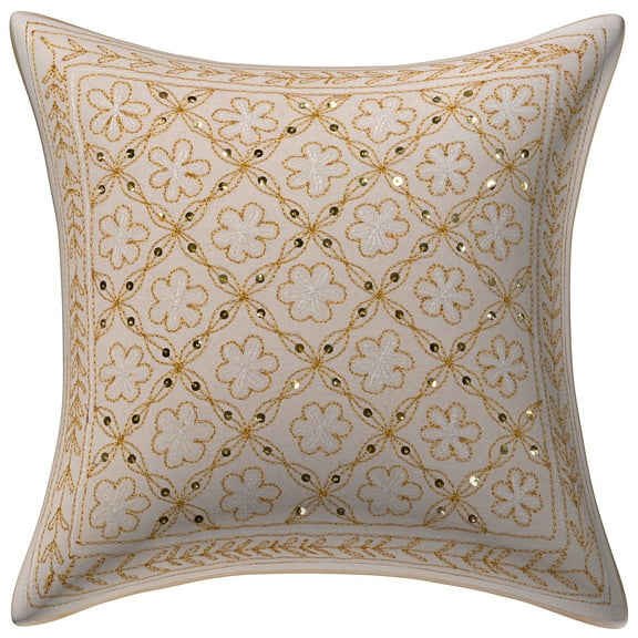 Stylo Culture Sequins Gold Zari Embroidered Chair Seat Throw Pillow Cover 16x16 Indian White Ethnic 40 x 40 cm Home Decor Cotton Floral Square Cushion Cover | 1 Pc