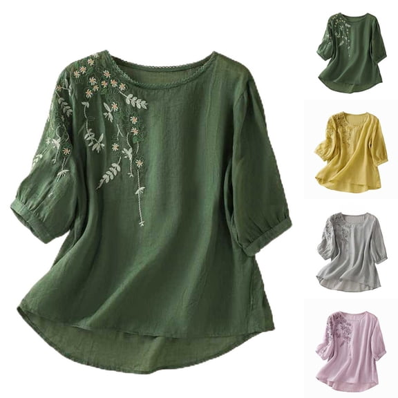 3/4 Sleeve Cotton Shirts for Women Summer Retro Embroidered Boho Tops Dressy Casual Trendy Vacation Blouse by Yigetop Green L