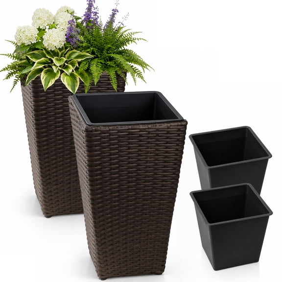 ACTIAID 25.2" Tall Black Square Planter Box, Resin Wicker Plant Pot with PP ert – Indoor Outdoor Decorative Planter for Patio or Entryway