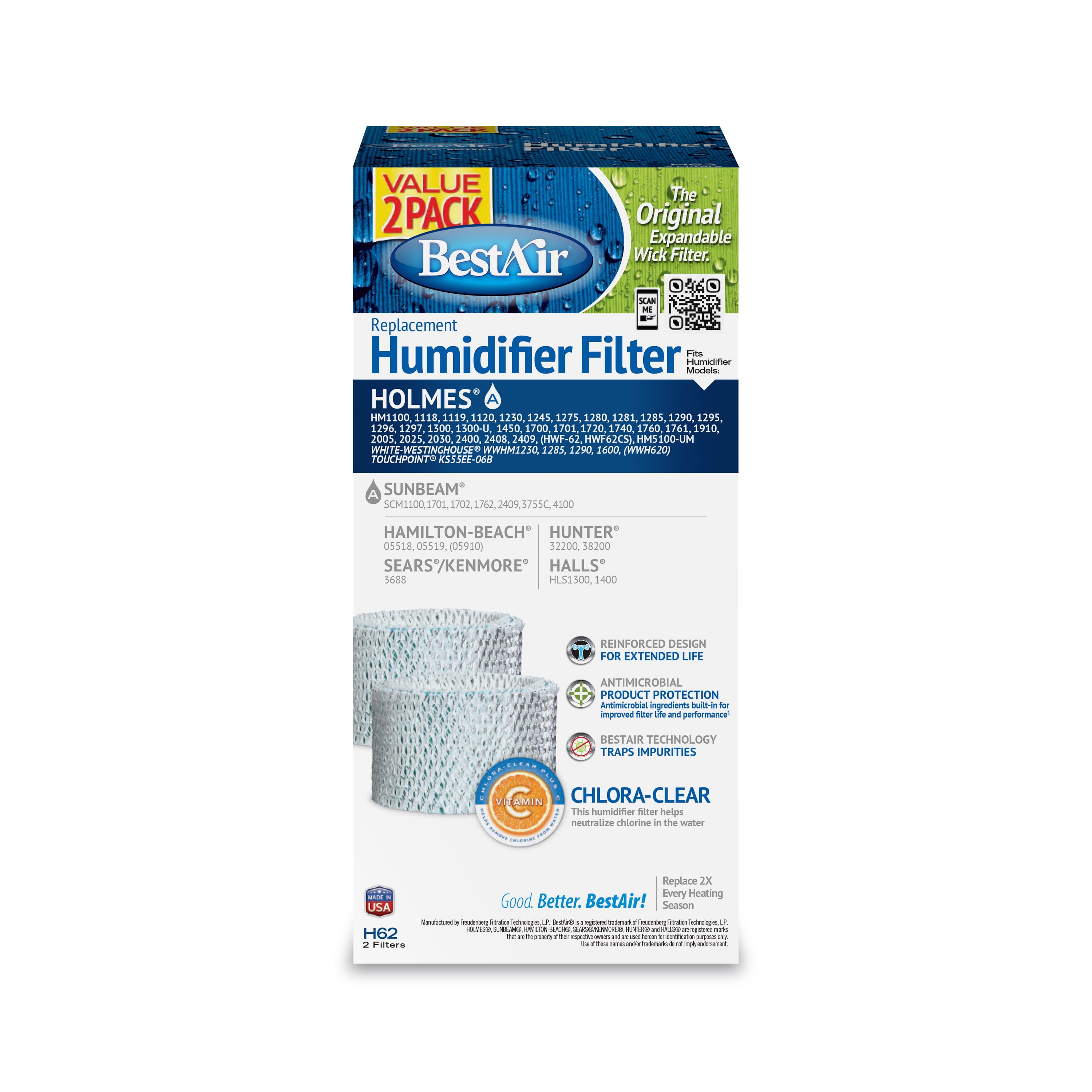 BestAir® H62 Value 2 Pack Humidifier Replacement Paper Wick Filter for Holmes Humidifiers Wt 0.4 lb