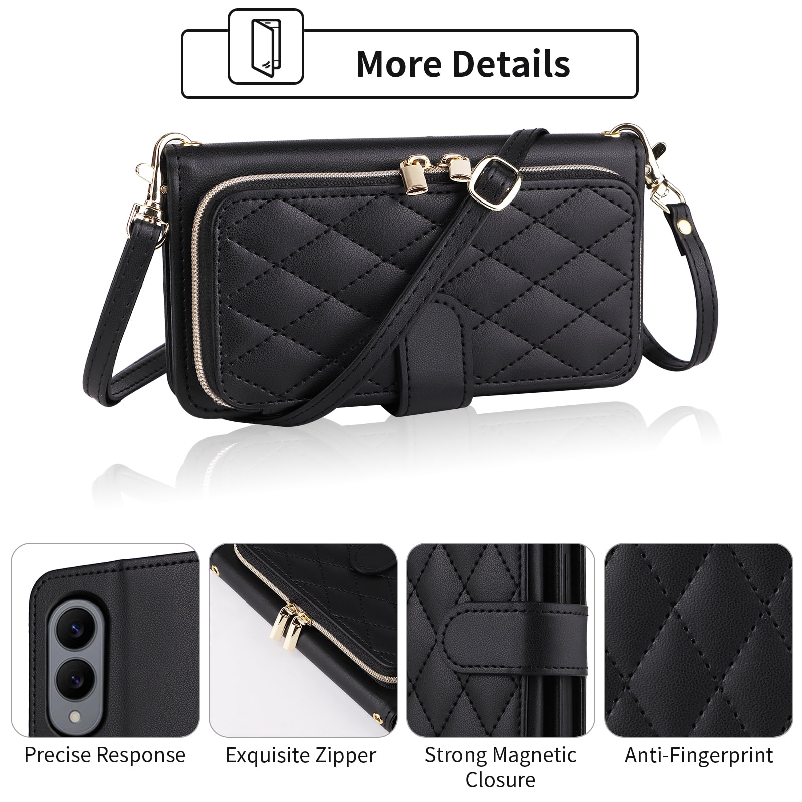 Furiet Argyle Wallet Case for Samsung Galaxy S25 Edge 5G with Wrist Strap Shoulder Strap, Card Slots Zipper Purse Luxury PU Leather Stand Phone Cover for S25Edge 25S S 25 25Edge 6.66 2025 Black