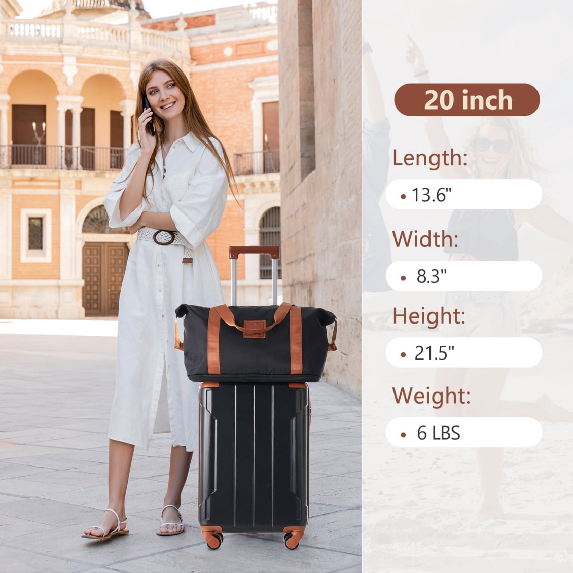 20 Inch Carry On Luggage Set 3 Pieces with Spinner Wheels, Lightweight Hardshell ABS Suitcase with Extra Bags for Weedend, Business Travel, Black Brown
