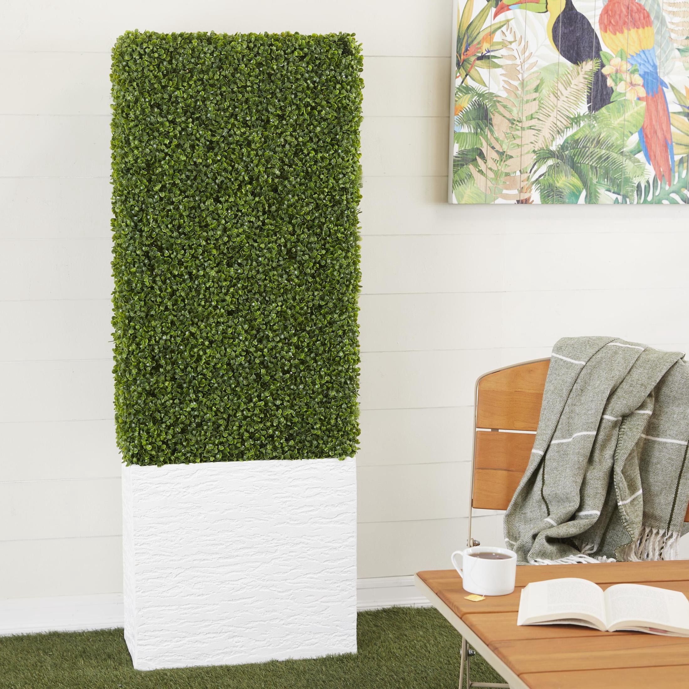 DecMode 59" Tall Boxwood Hedge Artificial Topiary in Realistic Leaves and White Fiberglass Planter Box