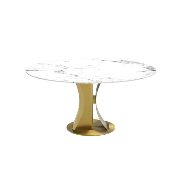 Polished Sintered Stone 54" Round Dining Table with Brushed Titanium Gold Base