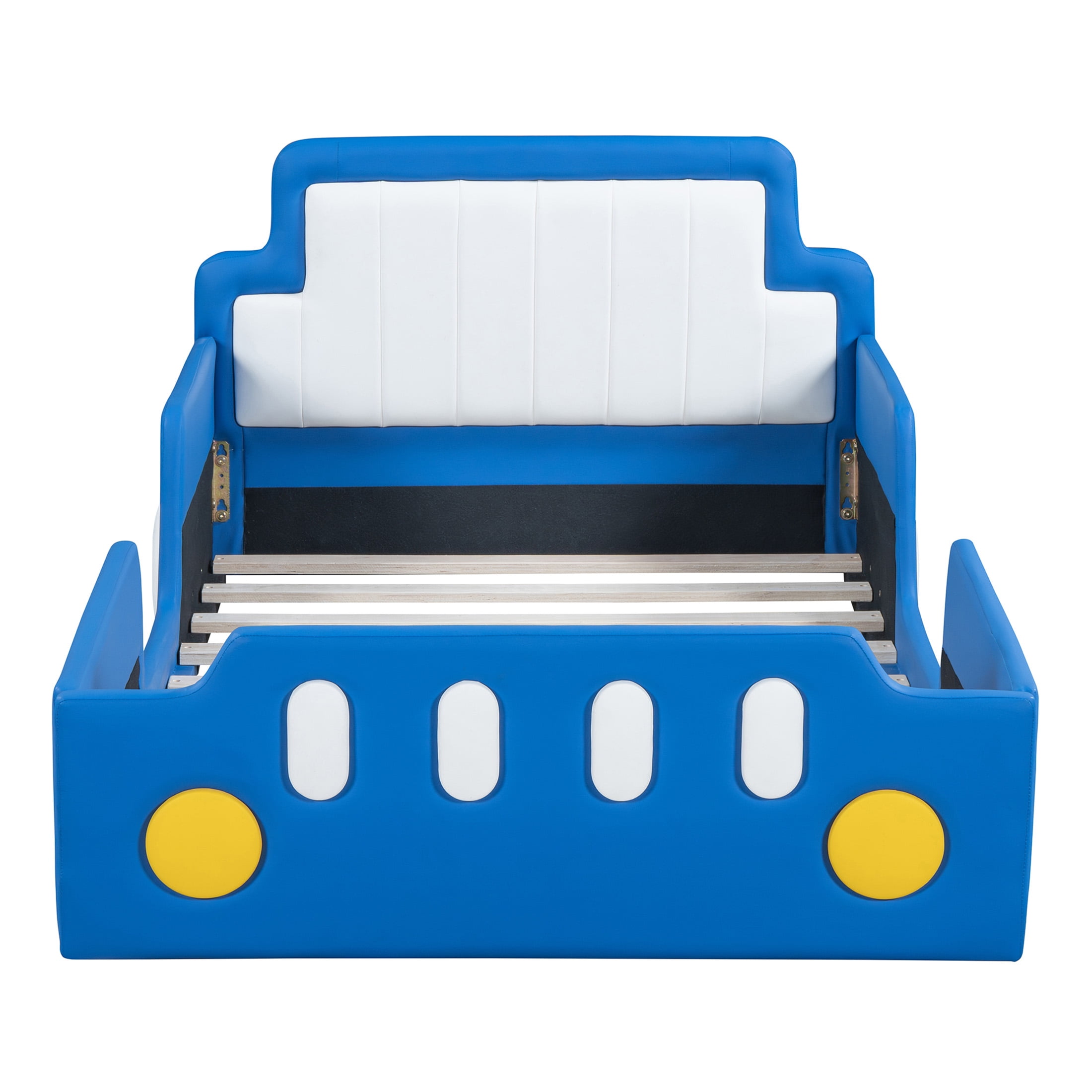 Aukfa Twin Size Race Car Platform Bed with Wheels, Kids Car Bed Frame with PU Leather Headboard and Footboard for Boys/Girls, Blue