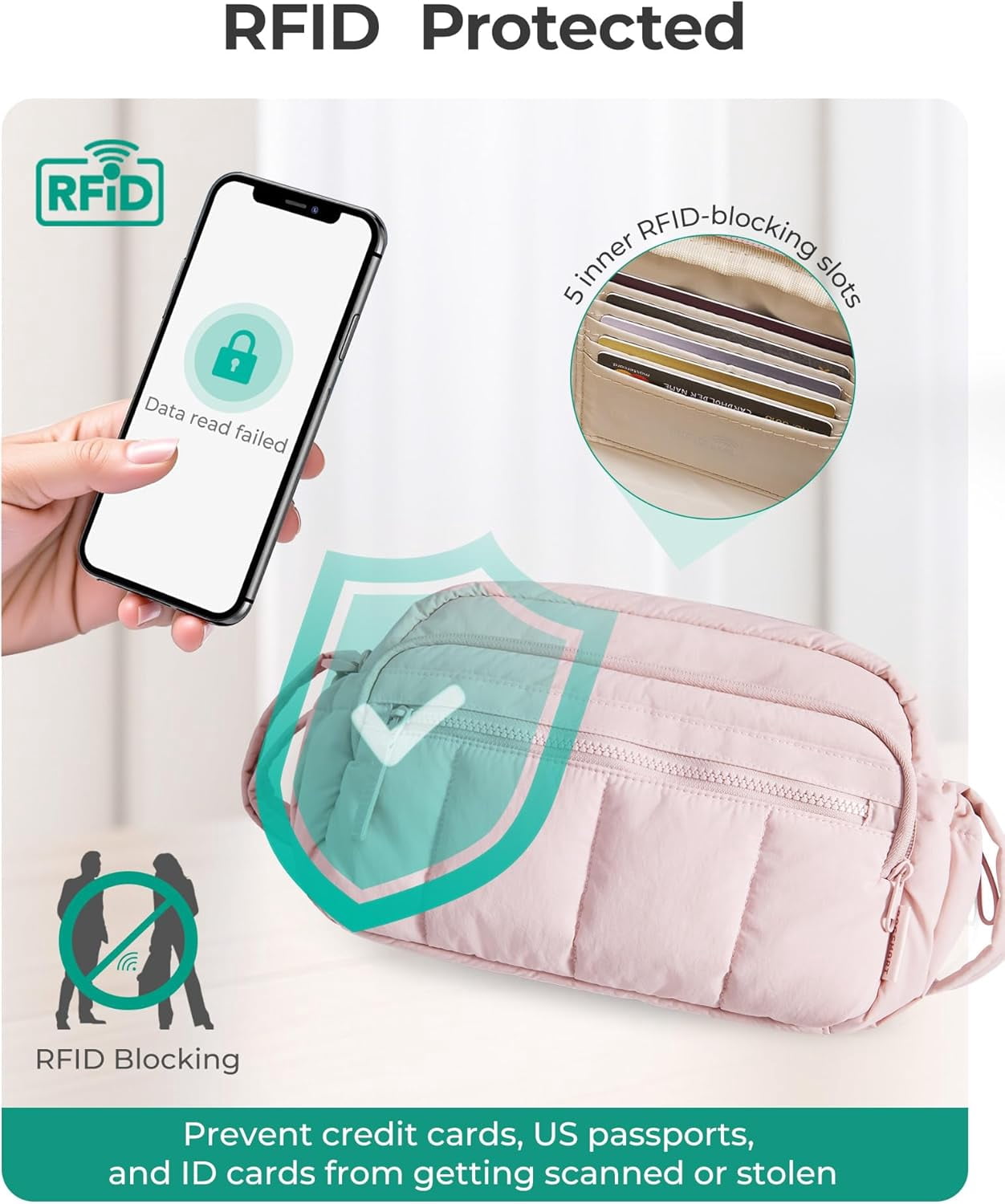 Kwuty Cross Body Purse, Mini Crossbody Bags for Women Travel Purse, Puffy Shoulder Handbag Wallet with RFID Blocking Slots（Pink-Large）
