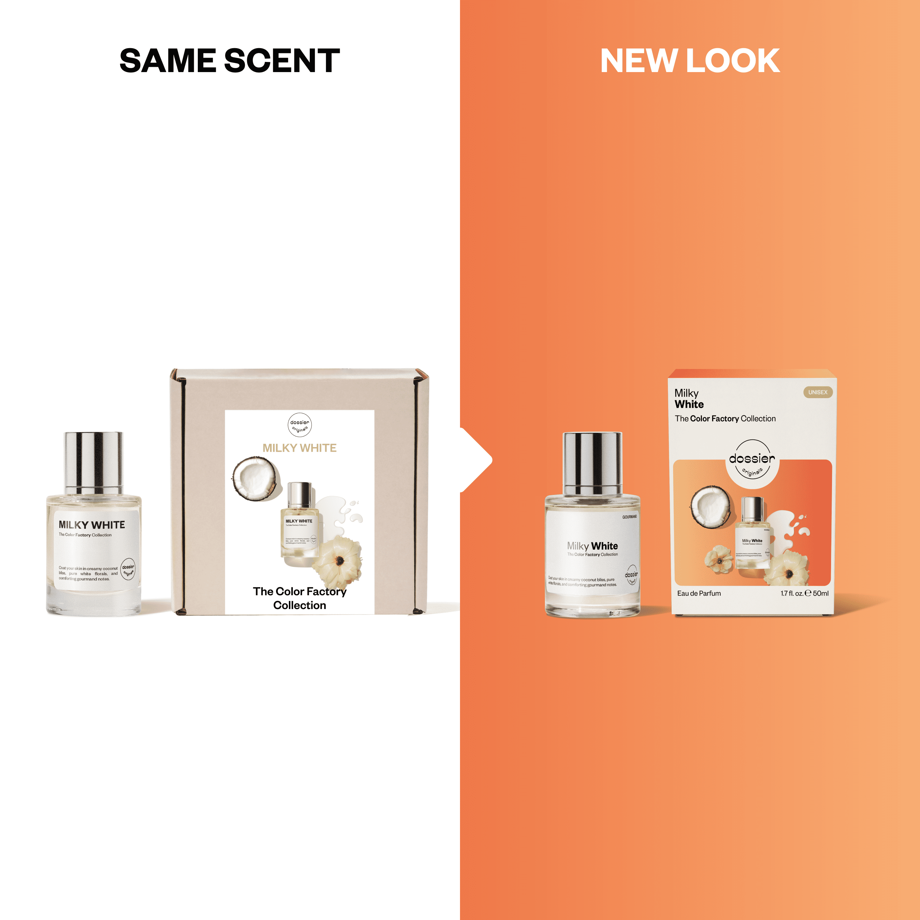 Dossier Originals, The color factory collection, Milky White, Eau de Parfum. Size: 50ml / 1.7oz