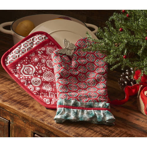 Kitchen Oven Mitts and Pot Holders Sets,The Pioneer Woman Flower Bird Print  Oven Gloves and Potholders,Heat-Resistant Oven Gloves and Hot Pads,Pioneer