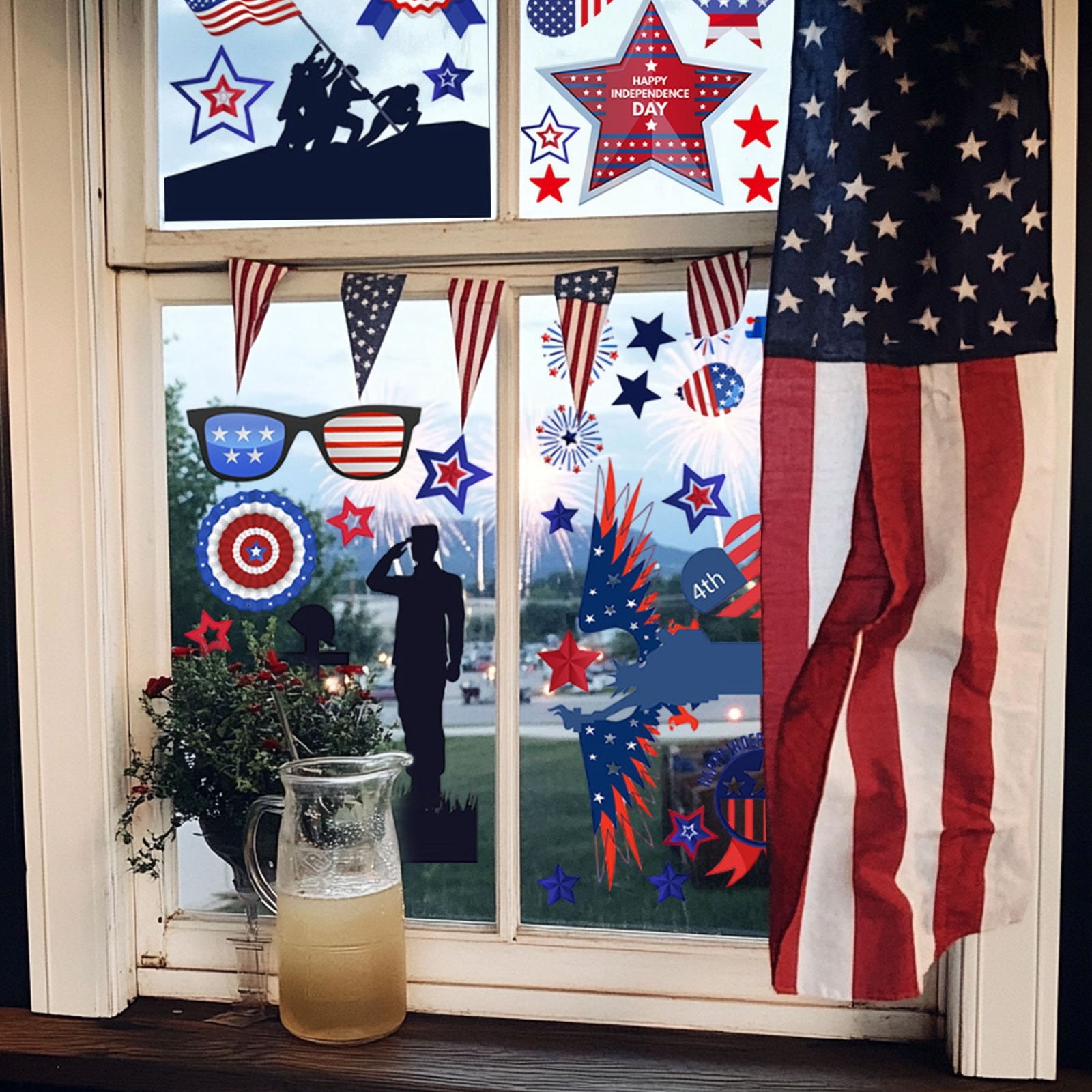 Seyotauo 4th Of July Window Stickers Removable Independence Day Decor USA Themed Star Stripe Flag Glass Holiday Vinyl for Patriotic Party Home Office Outdoor