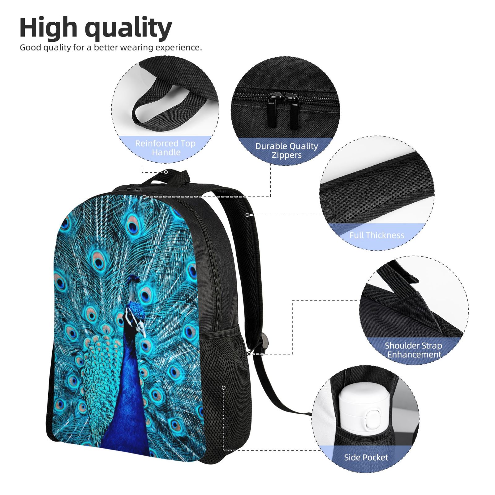 Xecao Beautiful Blue Peacock Print School Backpack with Laptop Compartment Small Travel Laptop Backpack for Women Men Waterproof College Backpack Simple School Bag