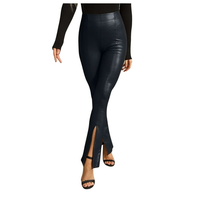 Women's Pu-leather Solid Color Trousers With Slit Legs And High Waist Pants
